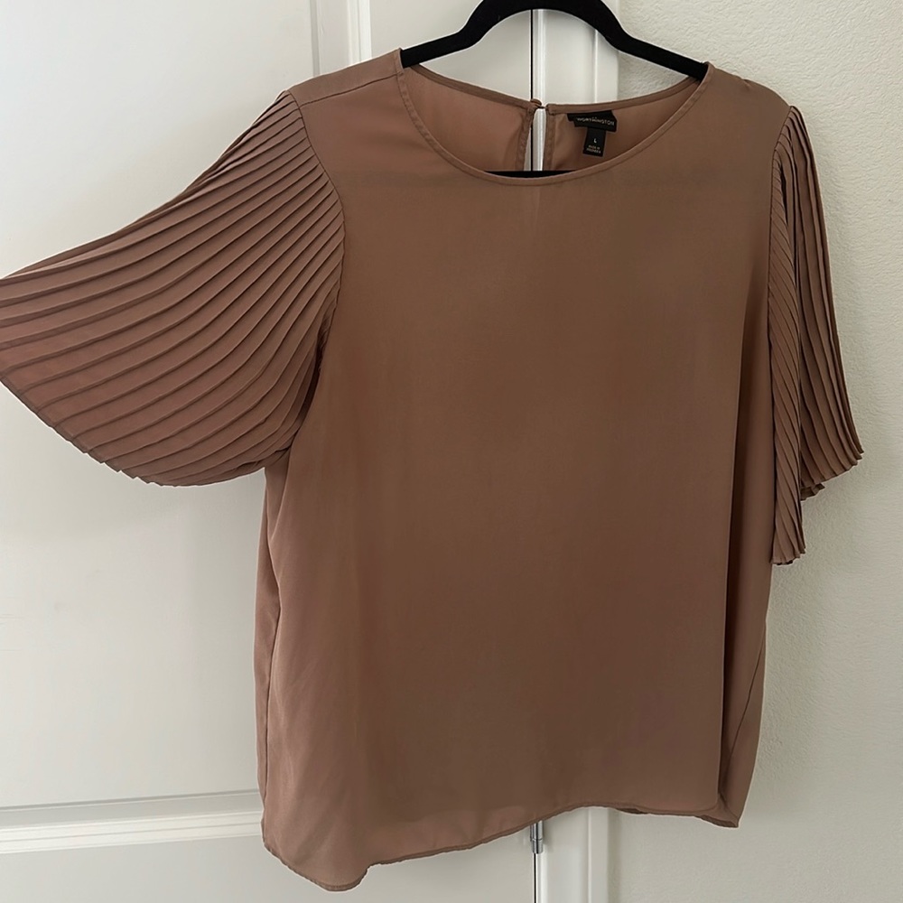 Worthington Brown Pleated Sleeve Blouse